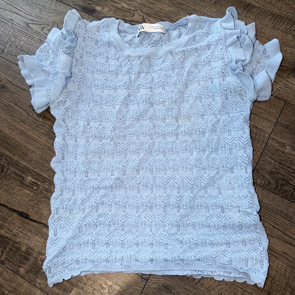 Zara Light Blue Lace Ruffle Blouse
